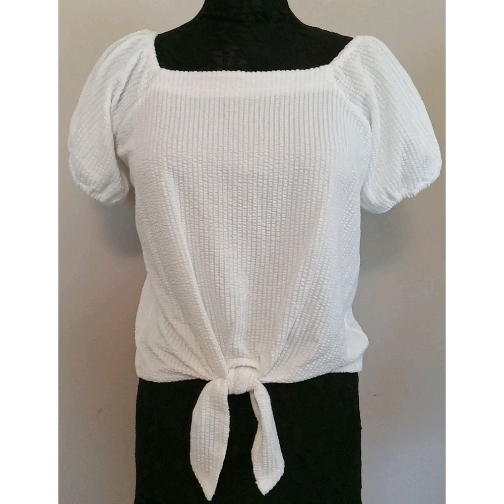 Loft Women White Rib Texture Elastic Neck Front Tie Puff Sleeve Top Size Small